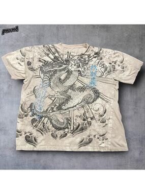 LA Ink Shirt Mens Large Beige Dragon Tattoo Graphic Mineral Wash Short Sleeve